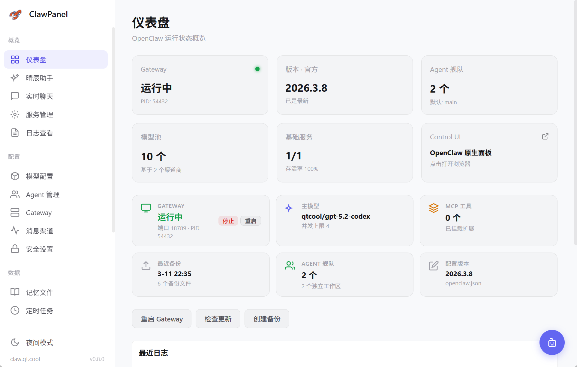 ClawPanel dashboard